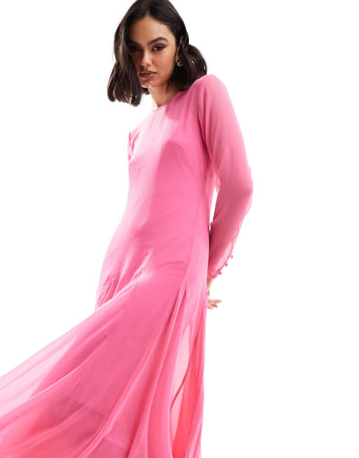 FhyzicsShops DESIGN - Robe évasée longueur mollet en mousseline transparente - Rose vif