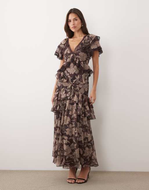 ASOS DESIGN - Robe évasée volantée à imprimé floral avec bords ornementés et dos ouvert - Marron, 2 de 4