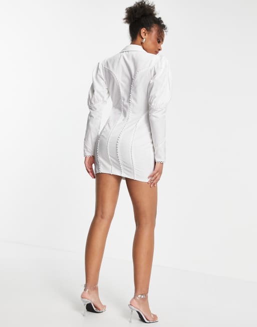 ASOS DESIGN Robe facon tailleur a manches bouffantes avec empiecements en dentelle et boutons Blanc