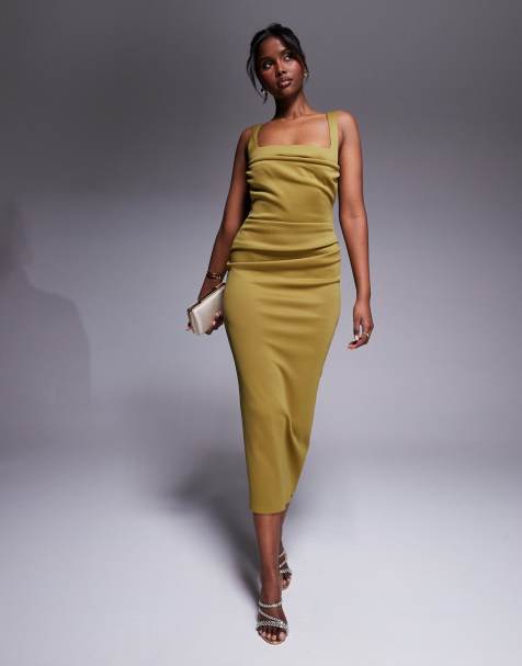 ASOS DESIGN - Robe fendue mi-longue en néoprène avec encolure incurvée - Bronze - view 1
