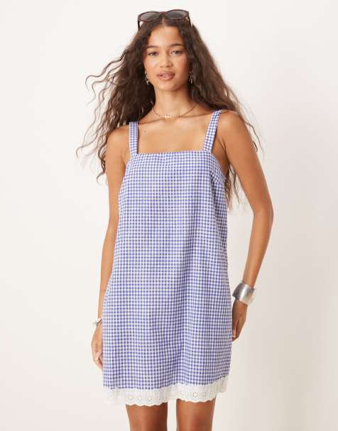 ASOS DESIGN - Robe fluide courte à carreaux vichy avec ourlet en broderie anglaise - Marine - view 1