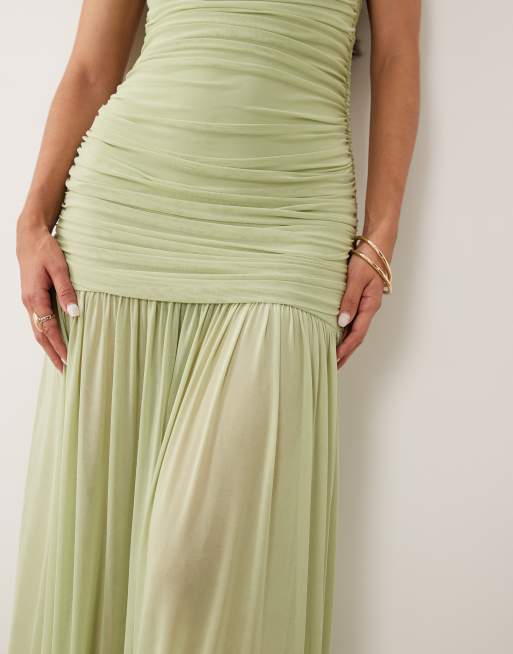 ASOS DESIGN - Robe fluide et froncée à taille basse et encolure montante - Vert sauge, 3 de 4