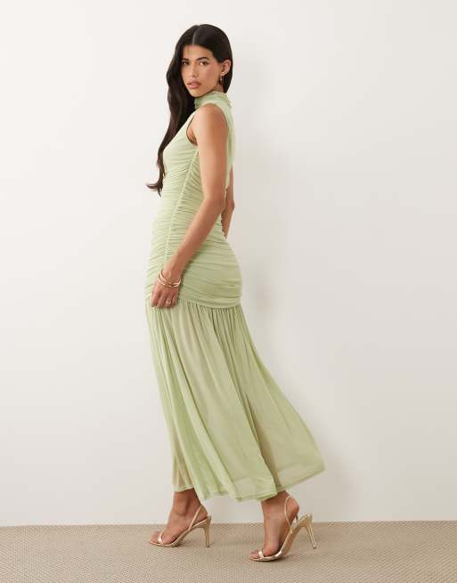 ASOS DESIGN - Robe fluide et froncée à taille basse et encolure montante - Vert sauge, 4 de 4