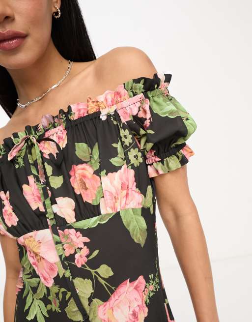 ASOS DESIGN Robe folk mi longue nou e l avant avec encolure Bardot et imprim roses