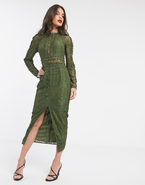 ASOS DESIGN - Robe fourreau à manches longues avec bordures en dentelle à motif géométrique