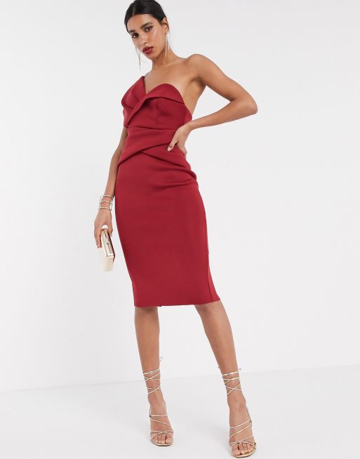 ASOS DESIGN Robe fourreau asym trique mi longue crois e sur le devant Bordeaux