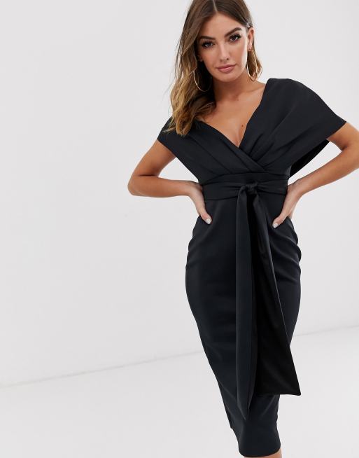 Asos Design Robe Fourreau Mi Longue A Epaules Tombantes Avec Lien A Nouer Noir Asos