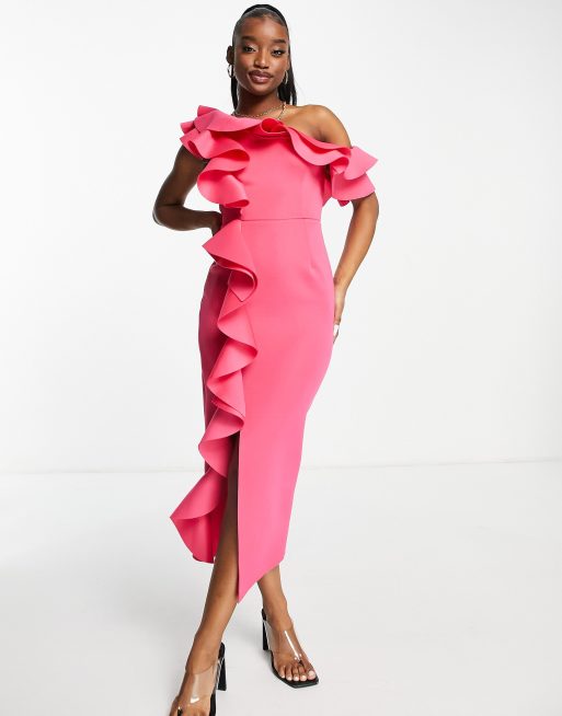 ASOS DESIGN - Robe fourreau mi-longue à volants et épaules dénudées - Rose vif