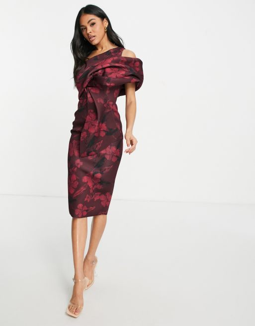 ASOS DESIGN Robe fourreau mi longue ajour e avec nervures aux paules et imprim fleuri Rouge