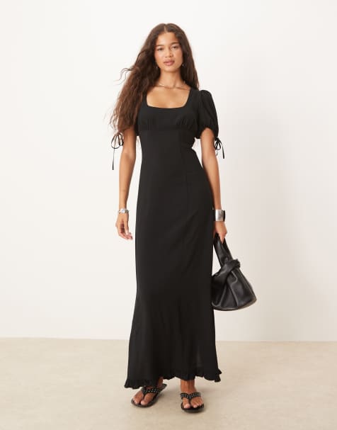 ASOS DESIGN - Robe fourreau mi-longue aspect lin - Noir - view 1