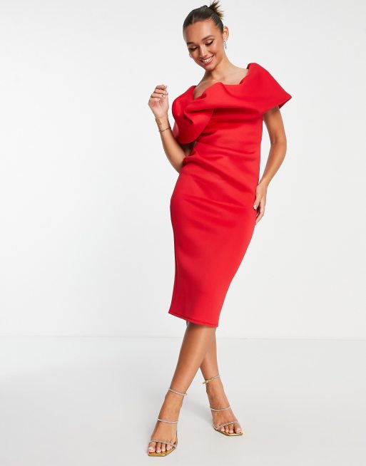 ASOS DESIGN Robe fourreau mi longue asym trique avec d tail boule Rouge