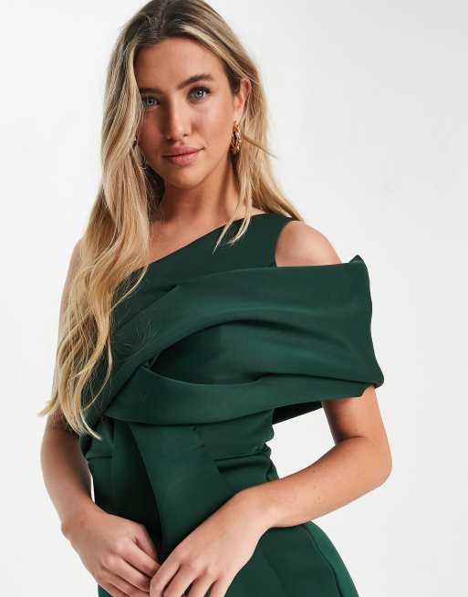 ASOS DESIGN Robe fourreau mi longue asym trique et fronc e paule ajour e Vert for t