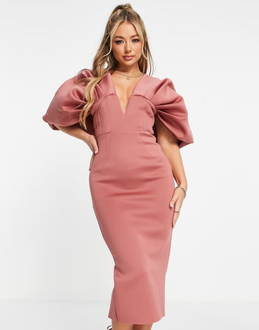 ASOS DESIGN Robe fourreau mi longue avec col V et manches fronc es structur es Rose