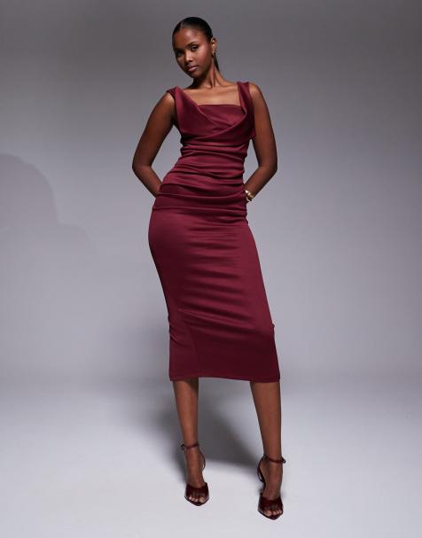 ASOS DESIGN - Robe fourreau mi-longue avec encolure carrée et buste plissé - Bordeaux - view 1