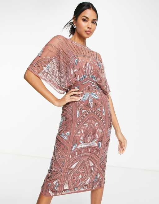 ASOS DESIGN - Robe fourreau mi-longue et ornementée à manches chauve-souris - Taupe