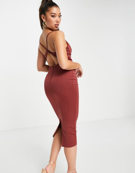 ASOS DESIGN - Robe fourreau mi-longue moulante à col bénitier et lanières au dos - Chocolat 
