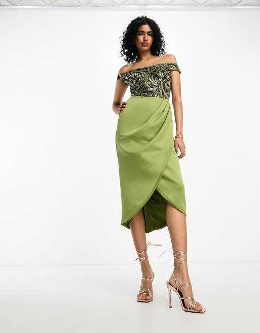 ASOS DESIGN Robe fourreau mi longue ornee de sequins Kaki ASOS