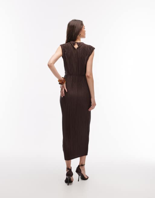ASOS DESIGN - Robe fourreau mi-longue plissée à encolure bateau et détail torsadé à la taille - Chocolat, 3 de 4