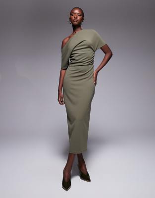 ASOS DESIGN - Robe fourreau mi-longue plissée aux épaules - Kaki-Vert