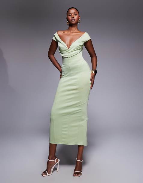 ASOS DESIGN - Robe fourreau sculpturale mi-longue à encolure Bardot - Vert sauge - view 1