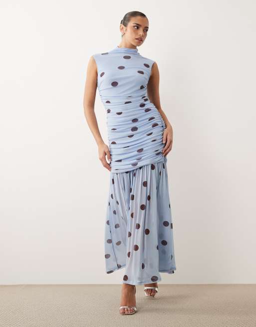 ASOS DESIGN - Robe froncée à pois avec taille basse et encolure montante - Bleu, 2 de 4