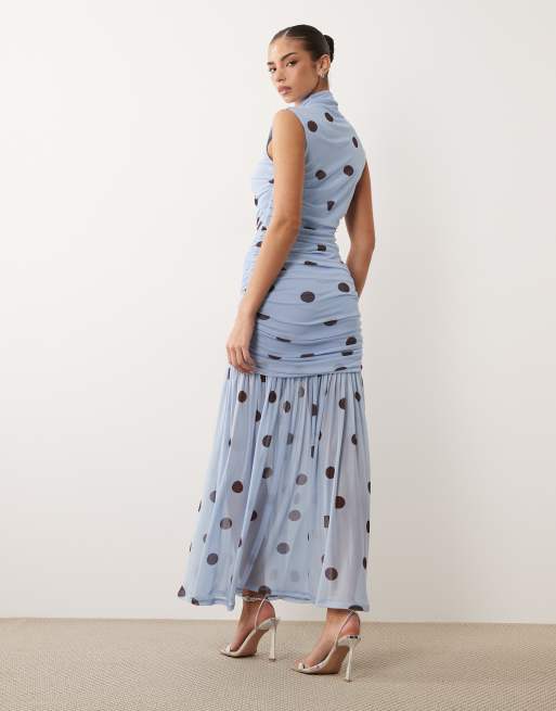 ASOS DESIGN - Robe froncée à pois avec taille basse et encolure montante - Bleu, 4 de 4
