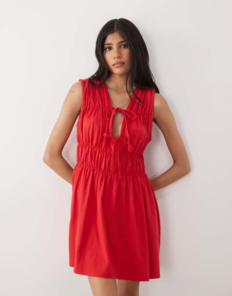 ASOS DESIGN - Robe froncée courte avec liens noués sur le devant - Rouge - view 1