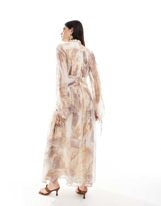 ASOS DESIGN - Robe froncée longue à col montant et imprimé marbré avec détail chevrons - Marron, 4 de 4