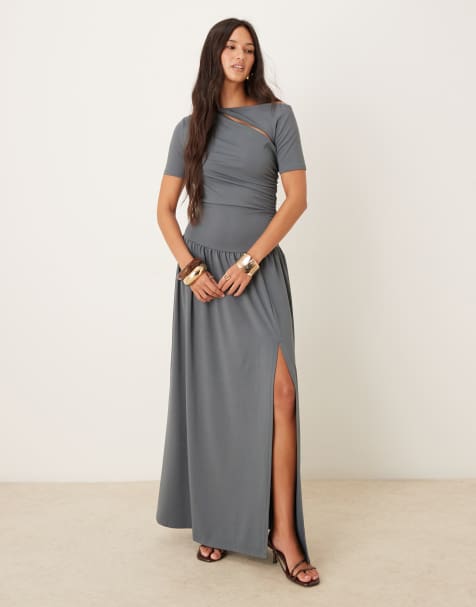 ASOS DESIGN - Robe froncée longue à découpes et ourlet plongeant - Gris ardoise - view 1