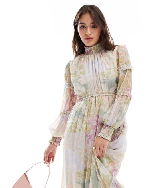ASOS DESIGN - Robe froncée longue à imprimé fleuri varié avec col montant et bords volantés, 3 de 4