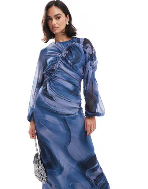 ASOS DESIGN - Robe froncée longue avec imprimé marbré et liens - Bleu - view 1