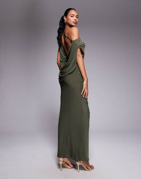 ASOS DESIGN - Robe froncée longue en tulle avec détail drapé au dos - Kaki - view 1