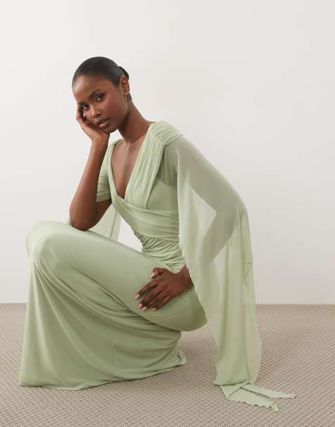 ASOS DESIGN - Robe froncée longue en tulle avec encolure Bardot et détails drapés - Sauge - view 1