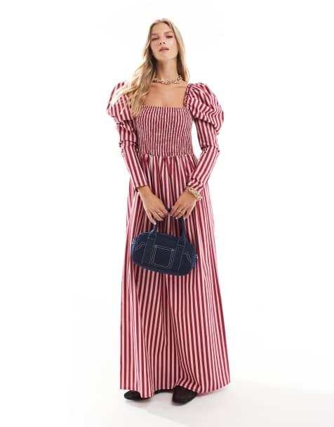 ASOS DESIGN - Robe froncée longueur mollet en popeline rayée - Rose - view 1