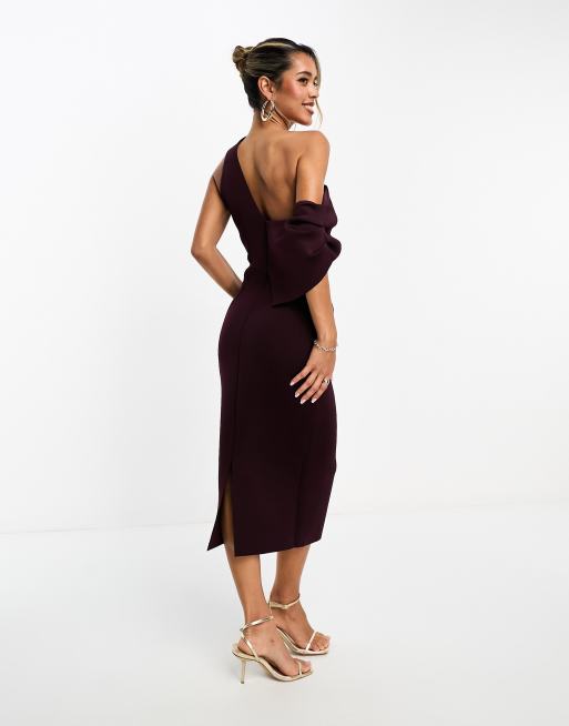 ASOS DESIGN - Robe froncée mi-longue à épaule tombante - Aubergine, 3 de 4