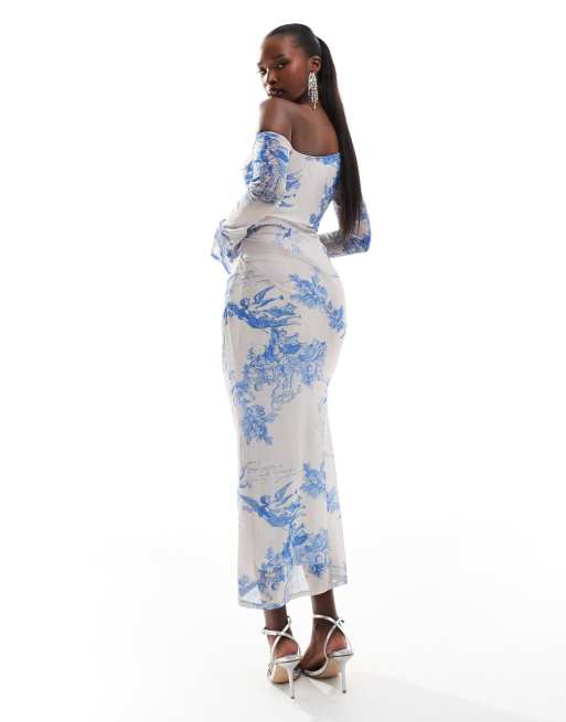 ASOS DESIGN - Robe froncée mi-longue à manches longues en tulle imprimé chérubins - Bleu, 2 de 4