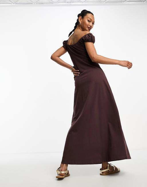 ASOS DESIGN Robe fronc e mi longue avec mancherons et d tail nou Chocolat