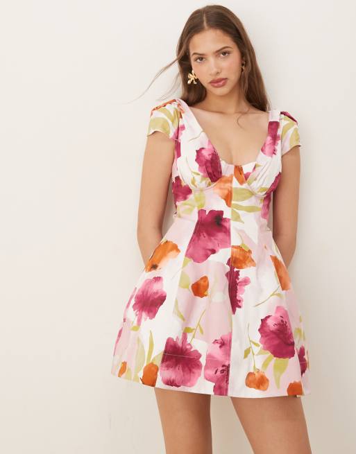 ASOS DESIGN - Robe hybride courte avec imprimé fleuri et taille corsetée - Rose