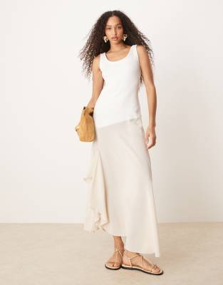 ASOS DESIGN - Robe hybride mi-longue en tissu côtelé et cupro avec encolure dégagée - Ivoire et blanc