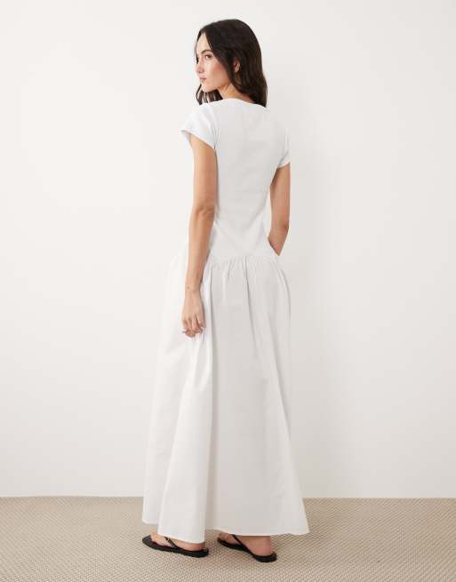 ASOS DESIGN - Robe longue 2-en-1 à taille basse et encolure dégagée avec jupe en popeline - Blanc, 2 de 4