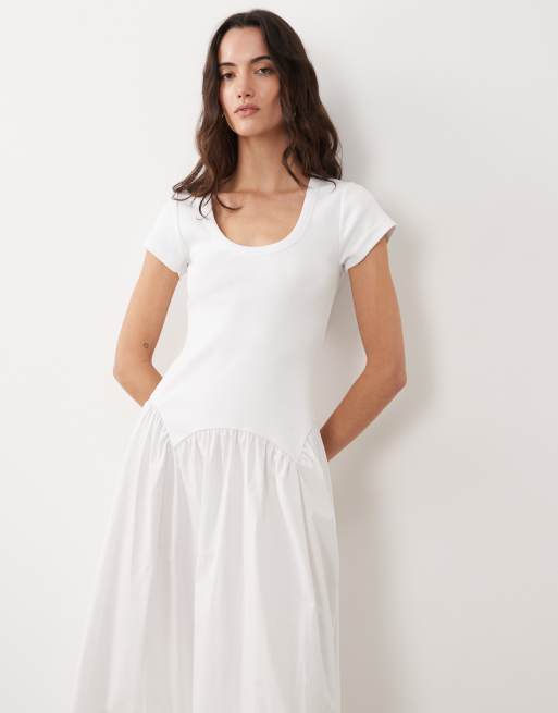 ASOS DESIGN - Robe longue 2-en-1 à taille basse et encolure dégagée avec jupe en popeline - Blanc, 3 de 4