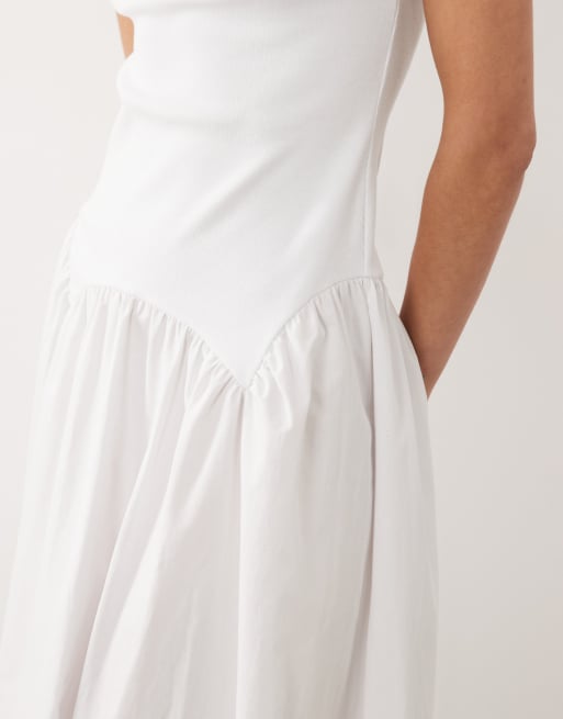ASOS DESIGN - Robe longue 2-en-1 à taille basse et encolure dégagée avec jupe en popeline - Blanc, 4 de 4