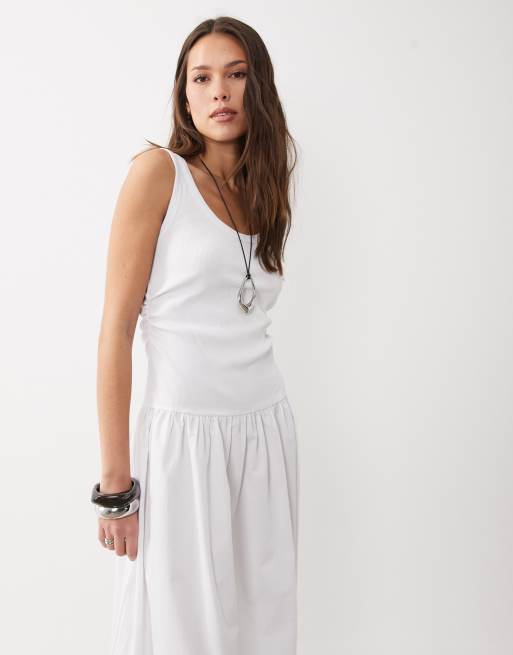 ASOS DESIGN - Robe longue 2-en-1 à taille basse et encolure dégagée avec jupe en popeline - Blanc, 2 de 4