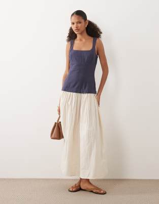 Robe longue 2-en-1 avec buste contrastant - Bleu marine et blanc-multicolore 36