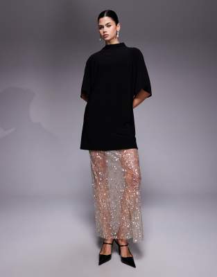 ASOS DESIGN - Robe longue 2-en-1 avec t-shirt à manches courtes et jupe en dentelle à sequins - Champagne-Multicolore
