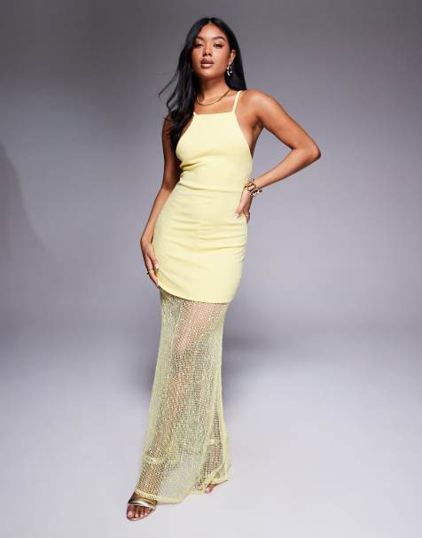 ASOS DESIGN - Robe longue à basque avec col montant, corsage imprimé et jupe transparente - Citron - view 1