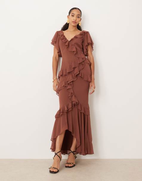 ASOS DESIGN - Robe longue à bords bruts avec ourlet et volants asymétriques - Marron clair - view 1