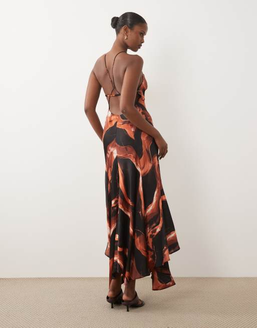 ASOS DESIGN robe longue à bretelles avec détails de coutures et dos nu, imprimé abstrait chocolat et rouille, 4 de 4