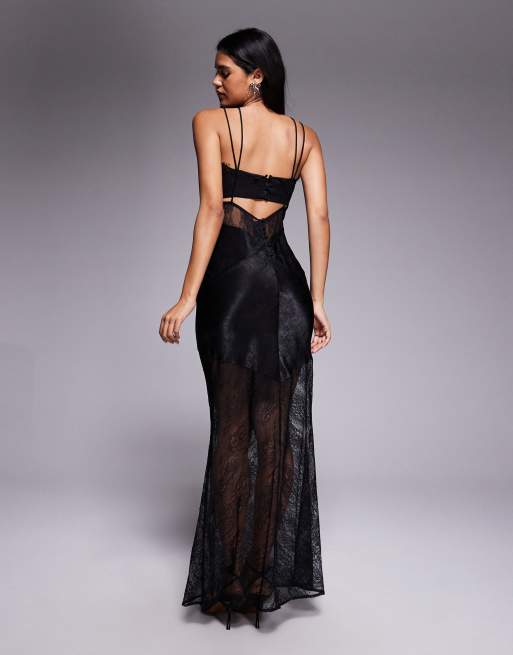 ASOS DESIGN - Robe longue à bretelles en dentelle et satin à corsage transparent - Noir, 2 de 4