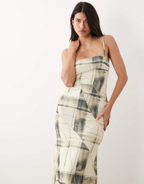 ASOS DESIGN - Robe longue à carreaux avec bretelles fines et imprimé effet coupé-cousu - Crème - view 1